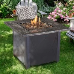 Endless Summer 30 Inch Square 30,000 BTU LP Gas Outdoor Fire Pit Table With Handcrafted Mantel, Fire Rocks, And Protective Cover, Black