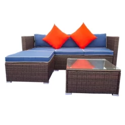 3pc Wicker Patio Sectional Seating Set With Cushions - Brown/Blue - GODEER -Quality Garden Outdoor Store GUEST a42ca544 86d1 44c1 ae4f cdd62c55ccad