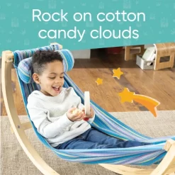 HearthSong - Kids Indoor Lightweight Wood And Blue Cotton Polyester Rocking Floor Hammock With Pillow, 50"L X 14"W