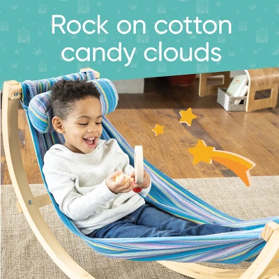 HearthSong - Kids Indoor Lightweight Wood And Blue Cotton Polyester Rocking Floor Hammock With Pillow, 50"L X 14"W 1 HearthSong - Kids Indoor Lightweight Wood And Blue Cotton Polyester Rocking Floor Hammock With Pillow, 50"L X 14"W