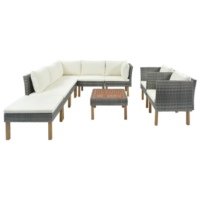 9pc Wicker & Acacia Wood Patio Conversation Set With Cushions - Beige - GODEER 4 9pc Wicker & Acacia Wood Patio Conversation Set With Cushions - Beige - GODEER - Image 4