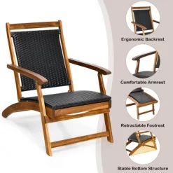 Costway 2PCS Patio Folding Rattan Lounge Chair Wood Frame Retractable Footrest -Quality Garden Outdoor Store GUEST a9c97a8c 8b9a 4bd9 8139 77ff6a53e8cc