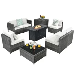 Tangkula 9 PCS Rattan Dinning Set Wicker Sofa W/Propane Gas Fire Pit 60,000 Btu Heater -Quality Garden Outdoor Store GUEST af9411d6 76ae 4fa4 af7c 1a23d13489d9