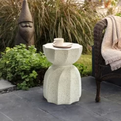 LuxenHome Off White With Gray Cement Hourglass Side Table