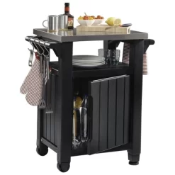 Keter Unity Portable 40 Gal Outdoor Table And Storage Cabinet W/ Accessory Hooks, Stainless Steel Top For Patio Kitchen Island Or Bar Cart