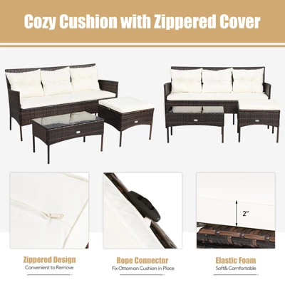 Tangkula 3 PCS Patio Furniture Set Outdoor All Weather Wicker Conversation Set W/Cushioned Ottoman & Side Table 5 Tangkula 3 PCS Patio Furniture Set Outdoor All Weather Wicker Conversation Set W/Cushioned Ottoman & Side Table - Image 5