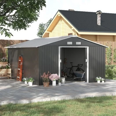 Outsunny 11' X 13' Metal Storage Shed Garden Tool House With Double Sliding Doors, 4 Air Vents For Backyard, Patio, Lawn Dark Gray 2 Outsunny 11' X 13' Metal Storage Shed Garden Tool House With Double Sliding Doors, 4 Air Vents For Backyard, Patio, Lawn Dark Gray - Image 2