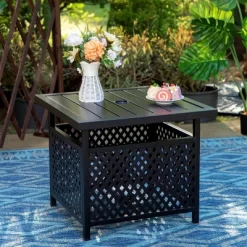 3pc Patio Conversation Set With Wicker Rattan Chairs & Square Coffee Table With Umbrella Hole - Captiva Designs