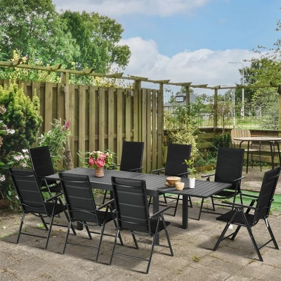 Outsunny 9-Piece Patio Dining Set For 8, Expandable Outdoor Table, Folding And Reclining Padded High Back Chairs, Aluminum Frames, Mesh Seats, Black 1 Outsunny 9-Piece Patio Dining Set For 8, Expandable Outdoor Table, Folding And Reclining Padded High Back Chairs, Aluminum Frames, Mesh Seats, Black