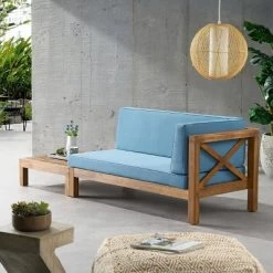 2pc Brava Outdoor Acacia Wood Right Arm Loveseat & Coffee Table With Cushion Teak/Blue - Christopher Knight Home -Quality Garden Outdoor Store GUEST b6f2328d 7a77 485b 86bd 60fde3cf808f