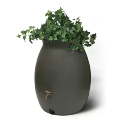 Algreen Products Castilla 50 Gallon BPA Free Roto Molded Plastic Rain Water Collection Barrel With Shut Off Nozzle And Screen Guard, Brownstone