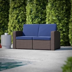 Flash Furniture Seneca Faux Rattan Loveseat With All-Weather Cushions