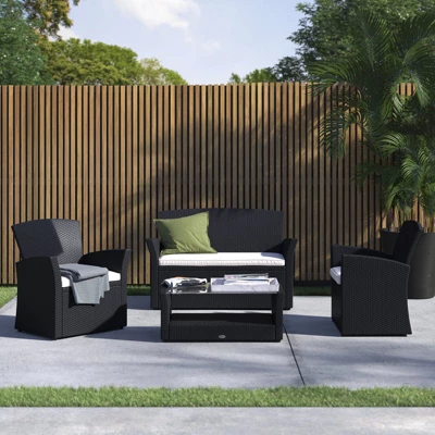 Barton 4-Pieces Outdoor Patio Set Rattan Conversation Sofa Sectional Set With Table, Black/Beige 1 Barton 4-Pieces Outdoor Patio Set Rattan Conversation Sofa Sectional Set With Table, Black/Beige