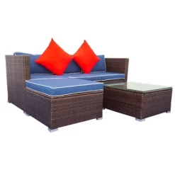 3pc Wicker Patio Sectional Seating Set With Cushions - Brown/Blue - GODEER -Quality Garden Outdoor Store GUEST c1eb2862 cad0 42d4 81dc 20da796b0585