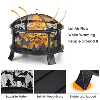 Costway 26" Outdoor Fire Pit Wood Burning Metal Firepit Bowl With Spark Screen Poker 7 Costway 26" Outdoor Fire Pit Wood Burning Metal Firepit Bowl With Spark Screen Poker - Image 7