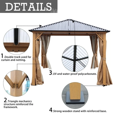 Aoodor Gazebo Polycarbonate Roof, Wooden Print Aluminum Frame With Mosquito Netting And Curtain 2 Aoodor Gazebo Polycarbonate Roof, Wooden Print Aluminum Frame With Mosquito Netting And Curtain - Image 2