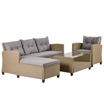4pc Wicker Patio Conversation Set With Cushions - Beige/Brown - GODEER 13 4pc Wicker Patio Conversation Set With Cushions - Beige/Brown - GODEER - Image 13