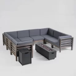 Malawi 10pc Acacia UShaped Sectional Sofa Set With Fire Pit Gray/Dark Gray - Christopher Knight Home