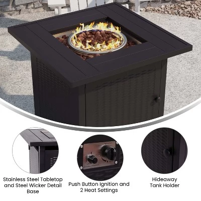 Flash Furniture Outdoor 50,000 BTU Black 28"Square Metal Fire Pit Table With Lid And Lava Rock 8 Flash Furniture Outdoor 50,000 BTU Black 28"Square Metal Fire Pit Table With Lid And Lava Rock - Image 8