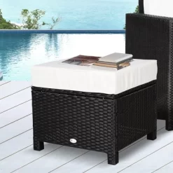 Outsunny 20" Outdoor Ottoman, PE Plastic Rattan Wicker, Fade-Resistant Patio Footrest With Soft Cushion, Steel Frame