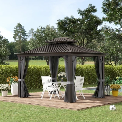 Outsunny Patio Gazebo 10' X 12', Netting & Curtains, 2 Tier Double Vented Steel Roof, Hardtop, Ceiling Hooks, Rust Proof Aluminum, Gray 1 Outsunny Patio Gazebo 10' X 12', Netting & Curtains, 2 Tier Double Vented Steel Roof, Hardtop, Ceiling Hooks, Rust Proof Aluminum, Gray