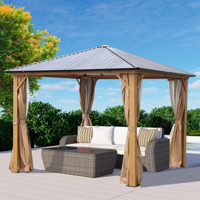 Aoodor Gazebo Polycarbonate Roof, Wooden Print Aluminum Frame With Mosquito Netting And Curtain 5 Aoodor Gazebo Polycarbonate Roof, Wooden Print Aluminum Frame With Mosquito Netting And Curtain - Image 5