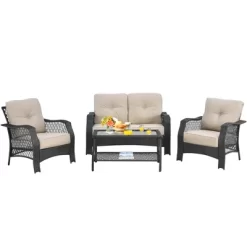 Costway 4PCS Patio Wicker Furniture Set Loveseat Sofa Coffee Table W/ Cushion