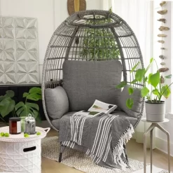 Oversized Egg Chair Style Wicker Chair With Canopy & 4 Cushions -Grey