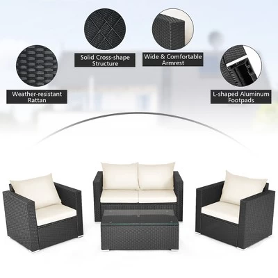 Costway 4PCS Patio Rattan Furniture Set Cushioned Sofa Chair Coffee Table Off White 7 Costway 4PCS Patio Rattan Furniture Set Cushioned Sofa Chair Coffee Table Off White - Image 7