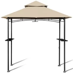 Costway 8' X 5' Outdoor Patio Barbecue Grill Gazebo W/ LED Lights 2-Tier Canopy Top Tan