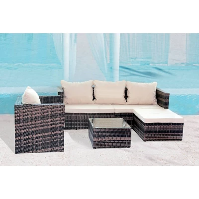 4pc Wicker Patio Sectional Seating Set With Sofa, Arm Chair, Ottoman & Accent Table - Brown/Beige - GODEER 2 4pc Wicker Patio Sectional Seating Set With Sofa, Arm Chair, Ottoman & Accent Table - Brown/Beige - GODEER - Image 2