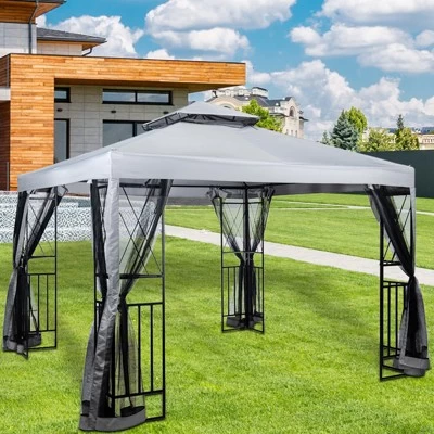 SUGIFT 10' X 10' Outdoor Patio Gazebo Canopy With Mesh Netting Sidewalls And Steel Frame - Light Gray 7 SUGIFT 10' X 10' Outdoor Patio Gazebo Canopy With Mesh Netting Sidewalls And Steel Frame - Light Gray - Image 7