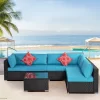 7pc Wicker Patio Conversation Set With Pillows & Cushions - Espresso/Blue - GODEER