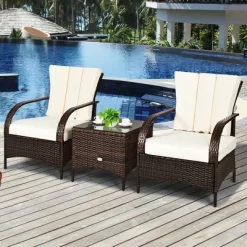 Costway 3 PCS Patio Rattan Furniture Set Coffee Table & 2 Rattan Chair W/White Cushions -Quality Garden Outdoor Store GUEST e66187d4 696c 48f9 adb7 e4a99048b6fa