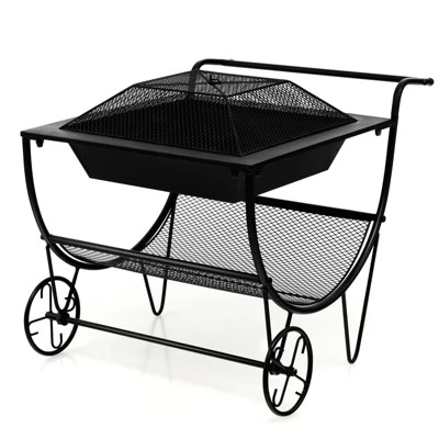 Tangkula 21.5" Fire Pit & Firewood Log Rack Outdoor Square Firepit & Firewood Holder With Spark Screen Rolling Wheels 3 Tangkula 21.5" Fire Pit & Firewood Log Rack Outdoor Square Firepit & Firewood Holder With Spark Screen Rolling Wheels - Image 3