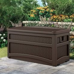 Suncast 73 Gallon Deck Box W/ Seat & Trash Hideaway Outdoor Garbage Bin, Java -Quality Garden Outdoor Store GUEST e816fb33 4b0f 45a1 a831 8dfa0e8f7896