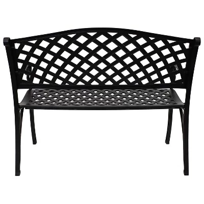 Sunnydaze Decor Sunnydaze 2-Person Checkered Design Cast Aluminum Outdoor Patio Bench, Black 10 Sunnydaze Decor Sunnydaze 2-Person Checkered Design Cast Aluminum Outdoor Patio Bench, Black - Image 10