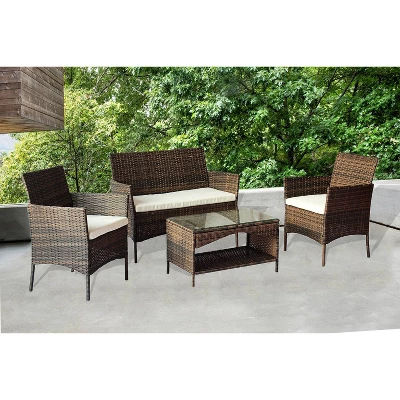 4pc Rattan Wicker Outdoor Lounge Chair With Cushions - Brown/Beige - GODEER 1 4pc Rattan Wicker Outdoor Lounge Chair With Cushions - Brown/Beige - GODEER