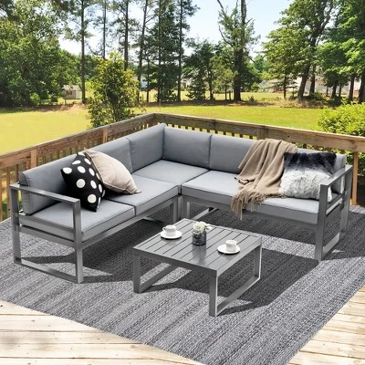 Costway 4PCS Patio Furniture Set Aluminum Frame Loveseat Coffee Table Cushions Deck Grey 2 Costway 4PCS Patio Furniture Set Aluminum Frame Loveseat Coffee Table Cushions Deck Grey - Image 2