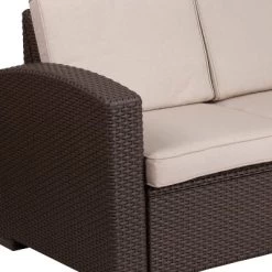 Merrick Lane Outdoor Furniture Resin Loveseat Chocolate Brown Faux Rattan Wicker Pattern 2-Seat Loveseat With All-Weather Beige Cushions -Quality Garden Outdoor Store GUEST f19d1f70 9451 44d7 8dc9 94b4250c7f6b