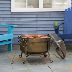 Outsunny 30" Outdoor Fire Pit Grill, Portable Steel Wood Burning Bowl, Cooking Grate, Poker, Spark Screen Lid For Patio, Camping, Bronze Colored