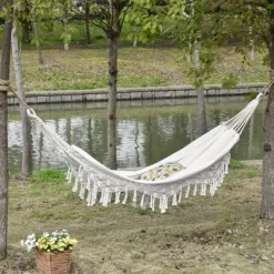 Outsunny Extra Large Boho Hammock With Macrame Tassel Fringe, Includes Carrying Bag, Indoor Outdoor Tree Hammock For Porch, Backyard, Camping, White