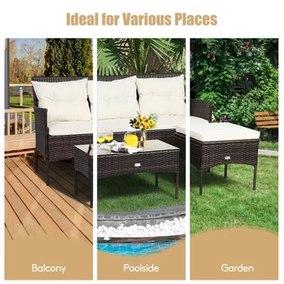 Tangkula 3 PCS Patio Furniture Set Outdoor All Weather Wicker Conversation Set W/Cushioned Ottoman & Side Table 4 Tangkula 3 PCS Patio Furniture Set Outdoor All Weather Wicker Conversation Set W/Cushioned Ottoman & Side Table - Image 4