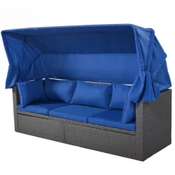 4pc Outdoor Wicker Rectangle Daybed With Canopy & Cushions - Blue - GODEER -Quality Garden Outdoor Store GUEST f61777c4 658b 4c47 94d6 a2b9490a7e2f