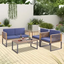 Costway 4pcs Patio Acacia Wood Chair Table Loveseat Cushioned Furniture Set Outdoor Navy