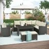 6pc Outdoor Wicker Set With Loveseats, Sofa, Chair, Coffee Table & Bench - Beige - GODEER