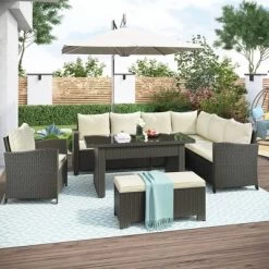 6pc Outdoor Wicker Set With Loveseats, Sofa, Chair, Coffee Table & Bench - Beige - GODEER