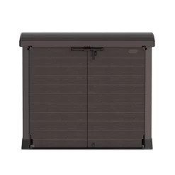 Duramax CedarGrain StoreAway 1200 Liter Capacity Outdoor Deck & Garden Storage Box W/ Panel Doors & Arc Lid For Patios, Pool Areas, & Driveways, Brown