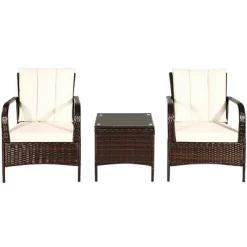 Costway 3 PCS Patio Rattan Furniture Set Coffee Table & 2 Rattan Chair W/White Cushions -Quality Garden Outdoor Store GUEST fc7b351c 6ea4 48f6 aeca cd4281524465