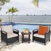 Costway 3PCS Patio Wicker Sofa Set Acacia Wood Frame With Beige &Turquoise Cushion Covers